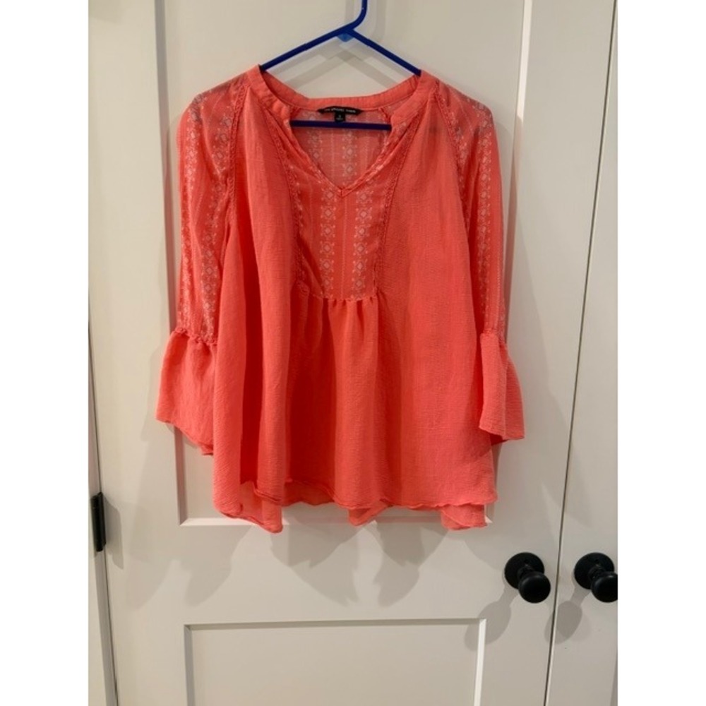 Zac & Rachel Woman Coral Pink Embroidered Boho Bell Sleeve Blouse Top 1X